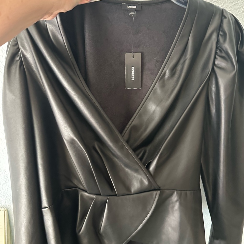 Express Black faux Leather shirt with Dramatic V-Neckline